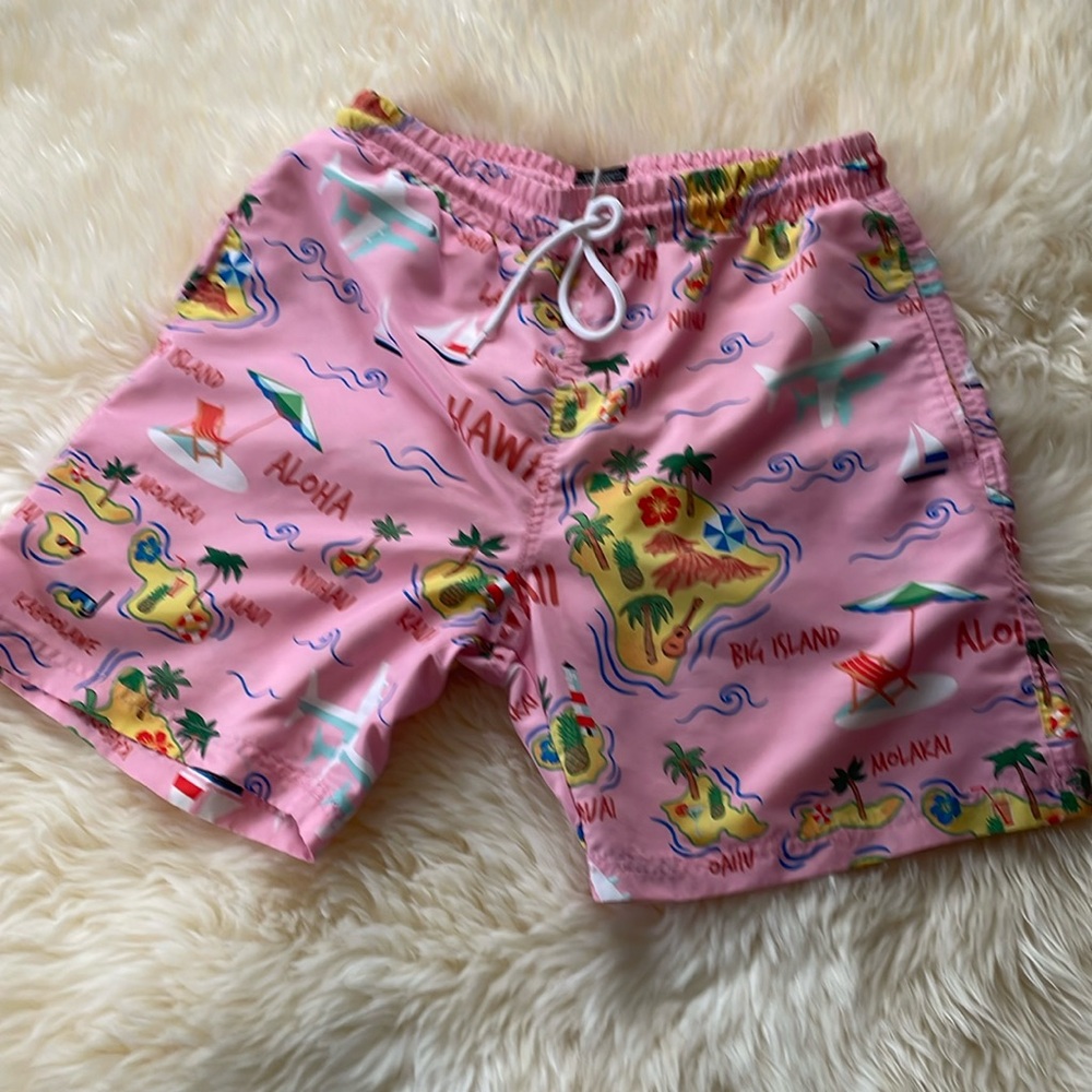 Edgar + Ash Men’s Swim Trunks. Pink with Hawaiian Theme. Size Medium